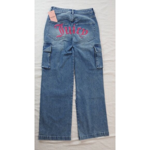 New Juicy Couture Embroided Jeans Mid Rise Flare Denim Sz 5 Y2K Pink Cargo Wide - Picture 1 of 10
